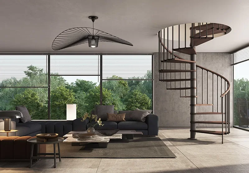 Интериорна стълба дървени части цвят Walnut 25, метални модули цвят Anthracite Gray, дървена ръкохватка Rintal Phola, 13 стъпала, диаметър 121 см (7759)