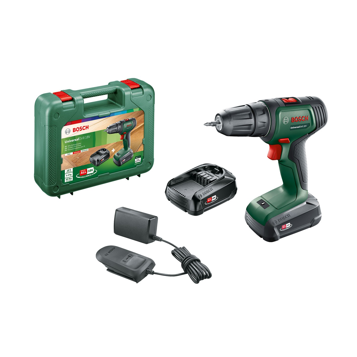 BOSCH UniversalDrill Акумулаторен винтоверт 18 V 2x1.5 Ah 40 Nm (06039D4002) - от Etools.bg BOSCH UniversalDrill Акумулаторен винтоверт 18 V 2x1.5 Ah 40 Nm (06039D4002)