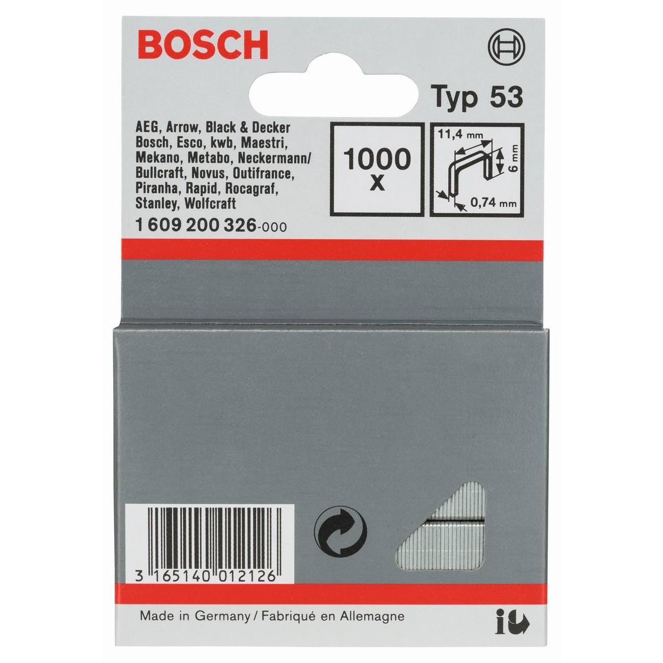 BOSCH Professional Скоби за такер тип 53 11.4x0.74x6 мм 1000 бр (1609200326) - от Etools.bg BOSCH Professional Скоби за такер тип 53 11.4x0.74x6 мм 1000 бр (1609200326)