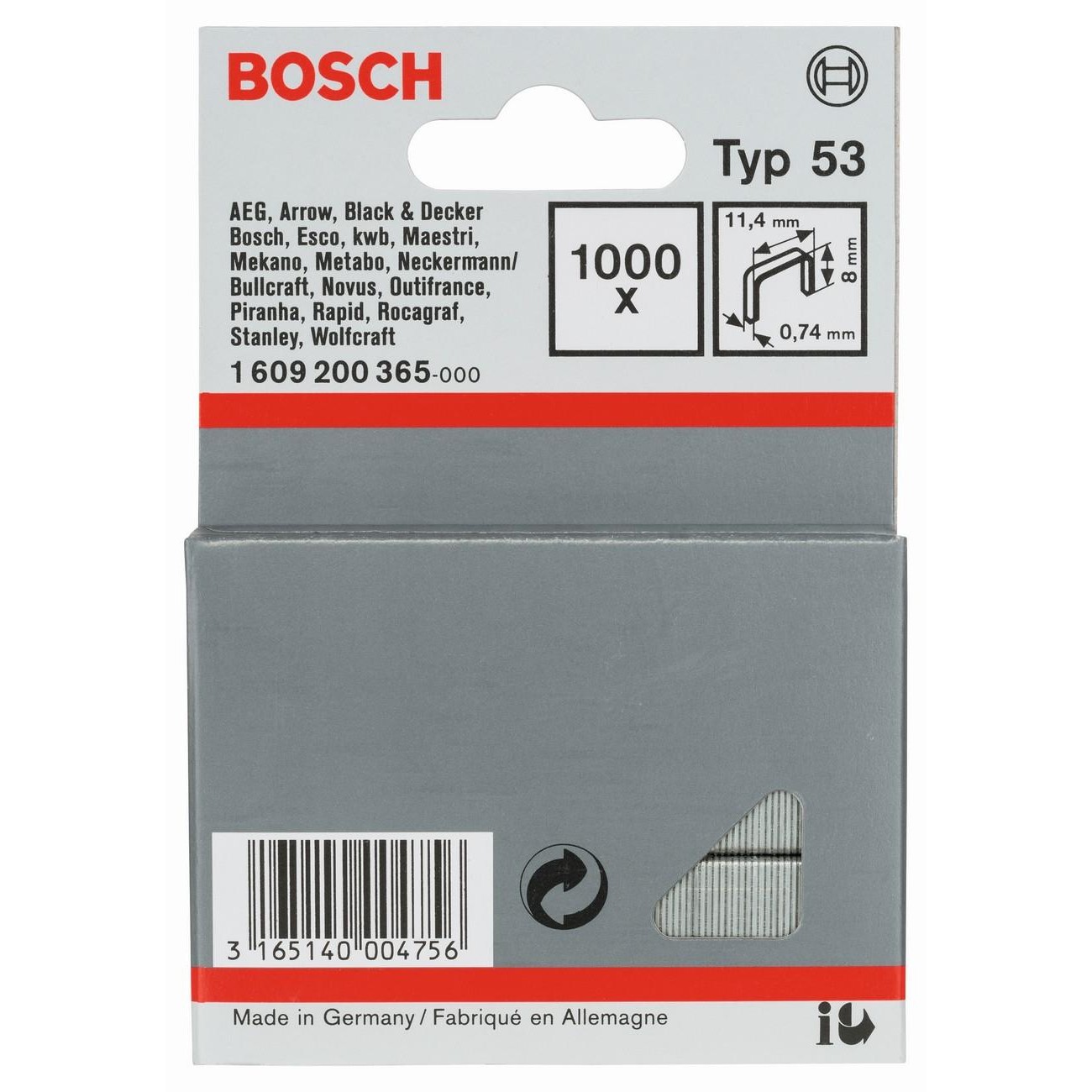 BOSCH Professional Скоби за такер тип 53 11.4x0.74x8 мм 1000 бр (1609200365) - от Etools.bg BOSCH Professional Скоби за такер тип 53 11.4x0.74x8 мм 1000 бр (1609200365)