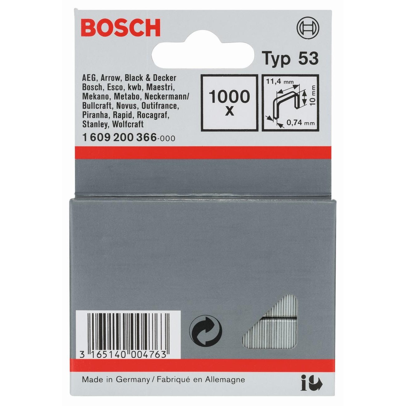 BOSCH Professional Скоби за такер тип 53 11.4x0.74x10 мм 1000 бр (1609200366)