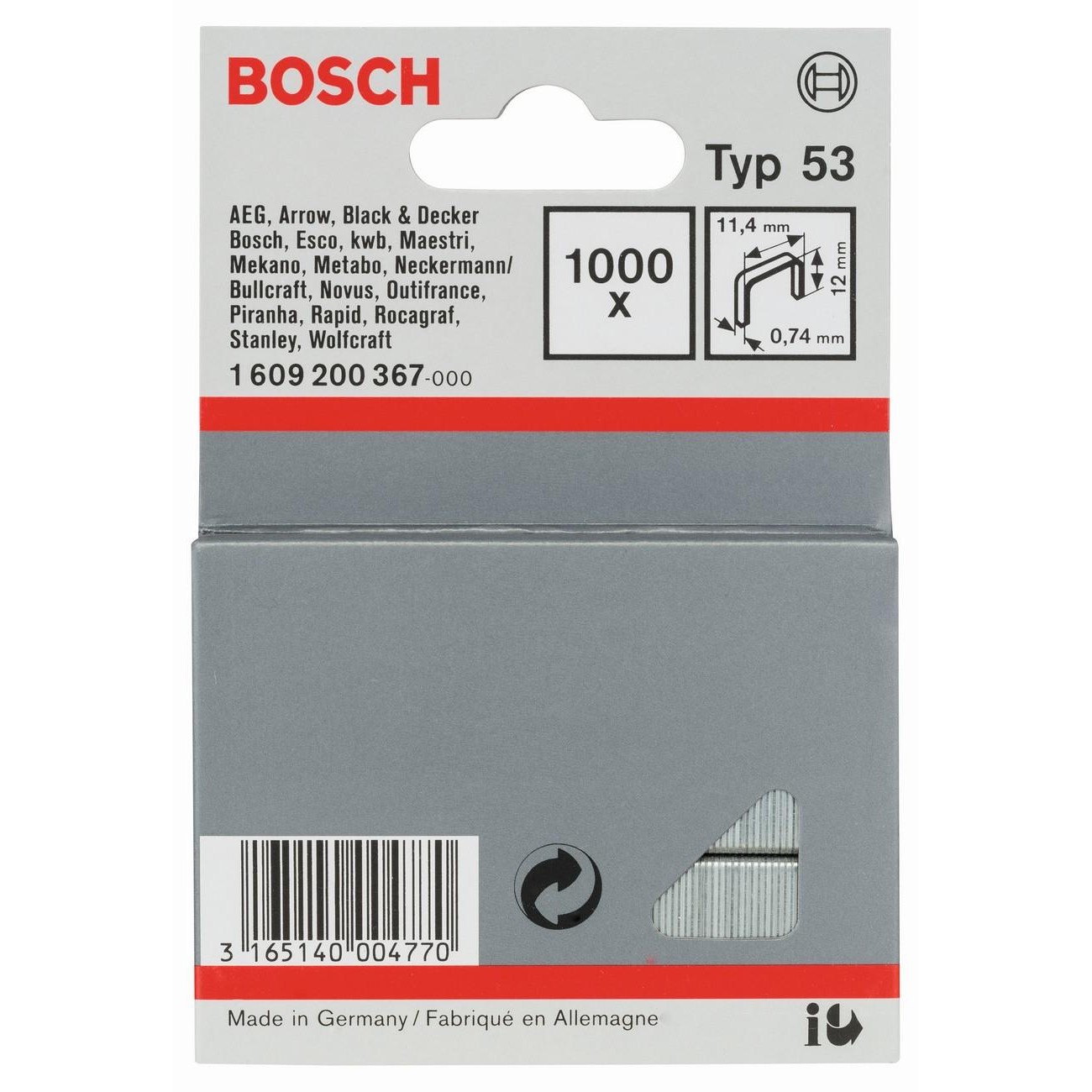 BOSCH Professional Скоби за такер тип 53 11.4x0.74x12 мм 1000 бр (1609200367)