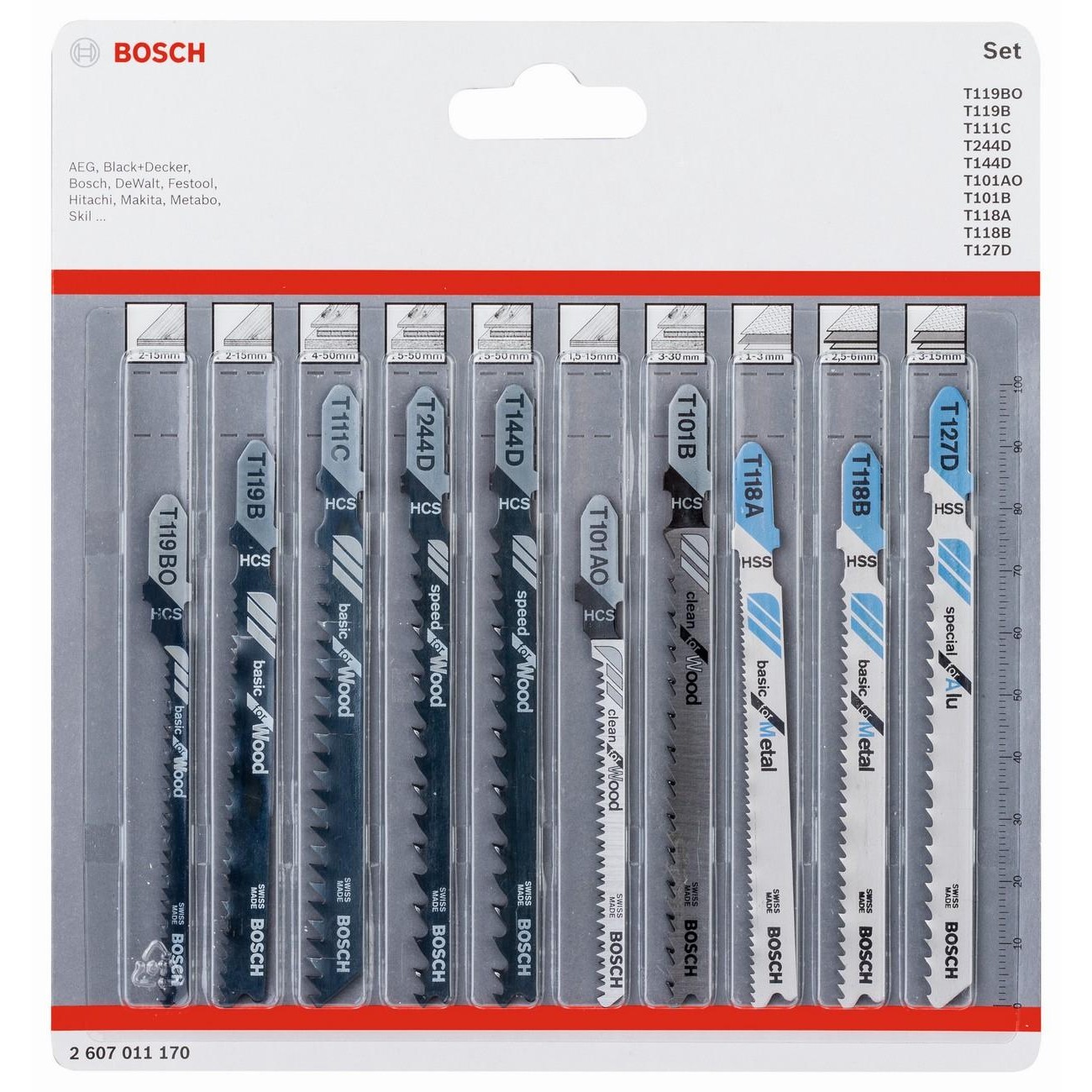 BOSCH Professional Комплект ножове за прободен трион с T-образна опашка за дърво и метал 10 части (2607011170)