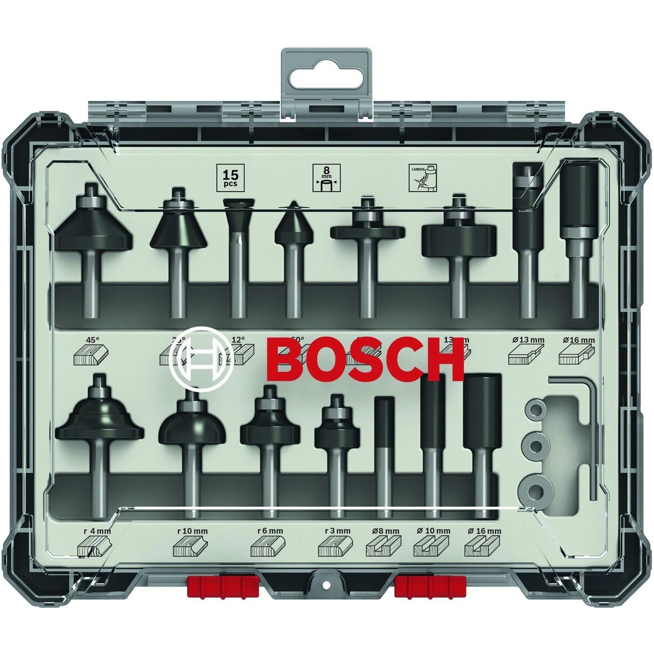 BOSCH Professional Комплект фрезери за оберфреза 15 части 8 мм опашка (2607017472) - от Etools.bg BOSCH Professional Комплект фрезери за оберфреза 15 части 8 мм опашка (2607017472)
