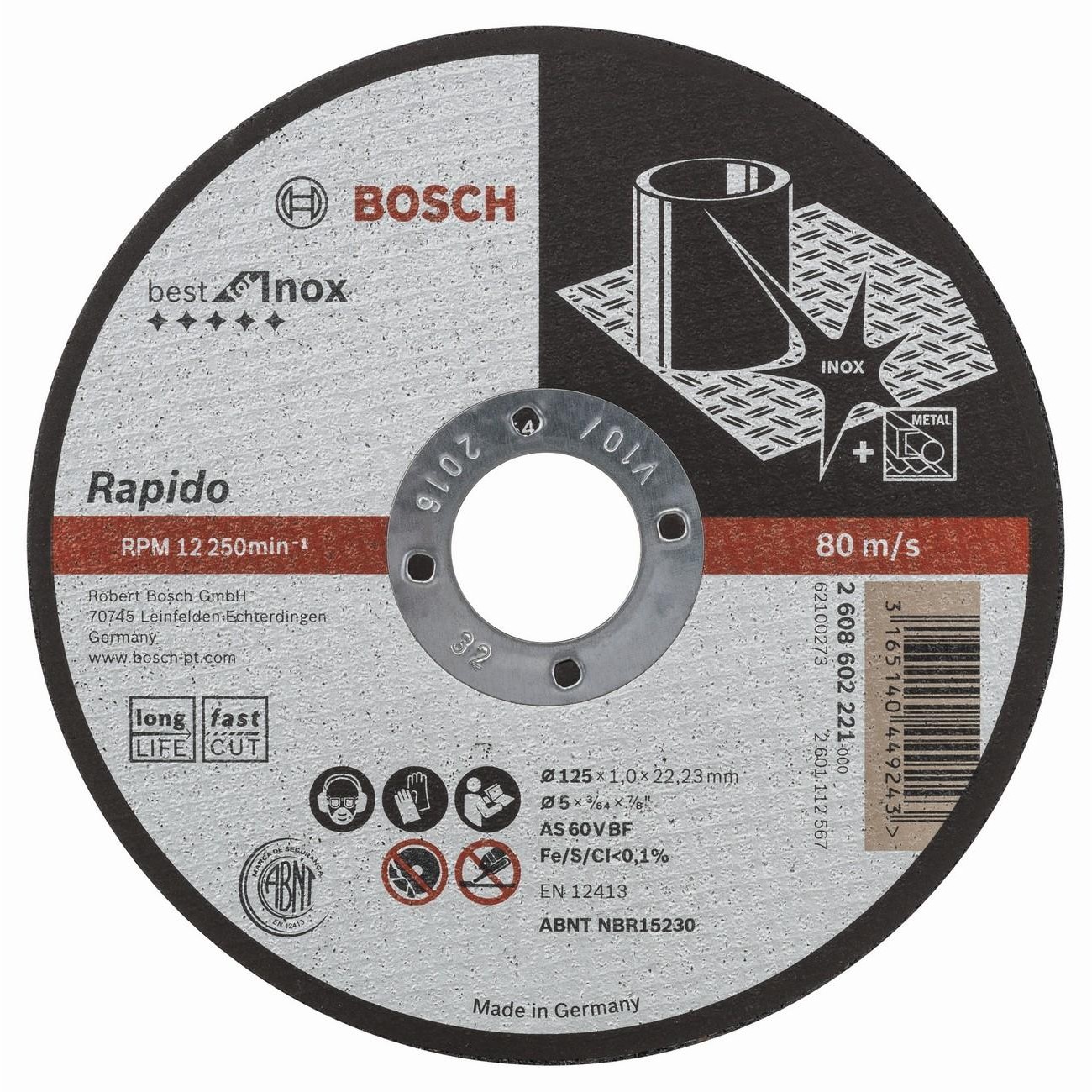 BOSCH Professional Rapido Long Life AS 60 V BF 41 Диск за рязане на инокс 125 мм 22.23 мм 1 мм (2608602221)