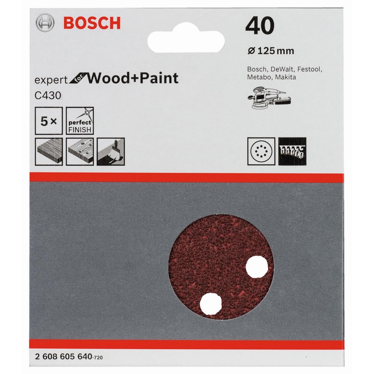 BOSCH Professional C430 Шкурка за ексцентършлайф 5 бр. 125 мм P40 (2608605640) - от Etools.bg BOSCH Professional C430 Шкурка за ексцентършлайф 5 бр. 125 мм P40 (2608605640)