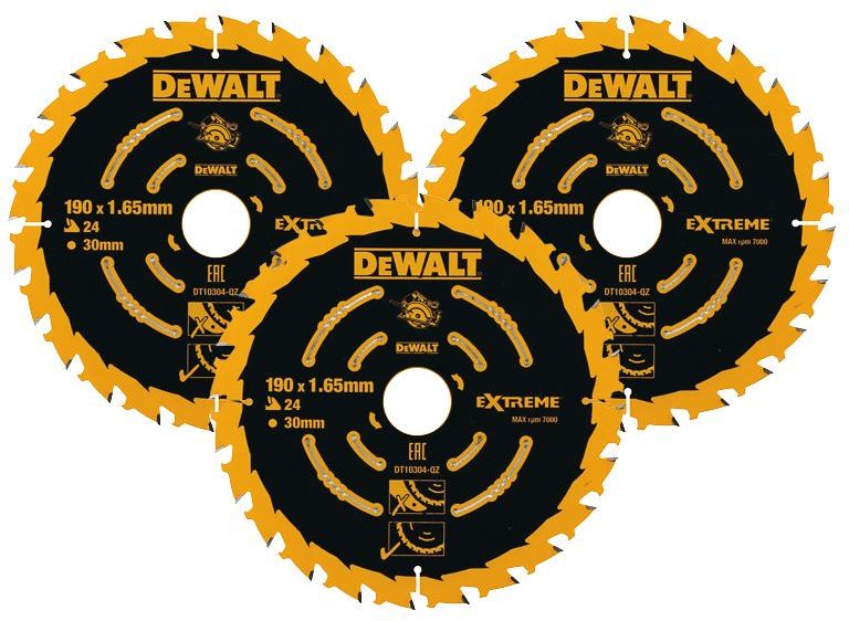 DEWALT EXTREME Комплект циркулярни дискове за рязане на дърво грубо с HM пластини 3 бр. ф190 мм 30 мм 1.65 мм 24 z