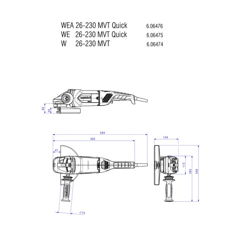 Електрически ъглошлайф Metabo WЕ 26-230 MVT Quick, 2600 W, ф 230 мм (606475000) - от Etools.bg Електрически ъглошлайф Metabo WЕ 26-230 MVT Quick, 2600 W, ф 230 мм (606475000)