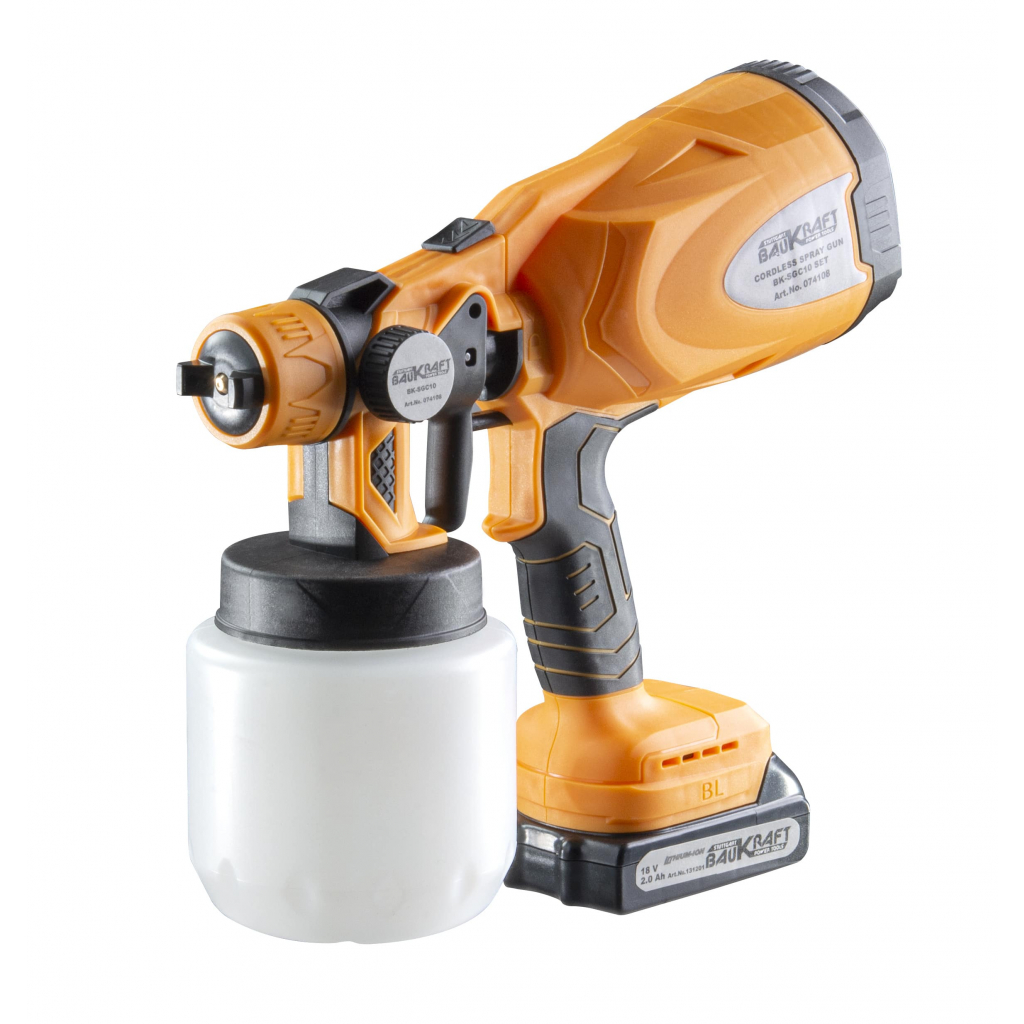 Акумулаторен пистолет за боядисване Baukraft BK-SGC10 Set, 18 V, 2 Ah, 800 мл, ф 2.5 мм - от Etools.bg Акумулаторен пистолет за боядисване Baukraft BK-SGC10 Set, 18 V, 2 Ah, 800 мл, ф 2.5 мм