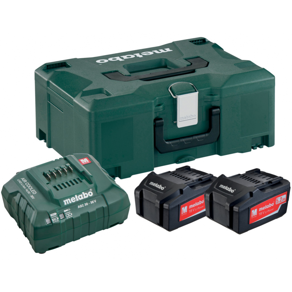 Комплект акумулаторни батерии и зарядно устройство Metabo, 18 V, 2x5.2 Ah