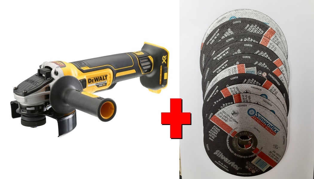 Акумулаторен безчетков ъглошлайф DeWALT DCG405N, 18 V, 125 мм, без батерии и зарядно устройство + 10 бр. SF19210 - Диск за рязане на метал, 1 мм х 125 мм - от Etools.bg Акумулаторен безчетков ъглошлайф DeWALT DCG405N, 18 V, 125 мм, без батерии и зарядно устройство + 10 бр. SF19210 - Диск за рязане на метал, 1 мм х 125 мм