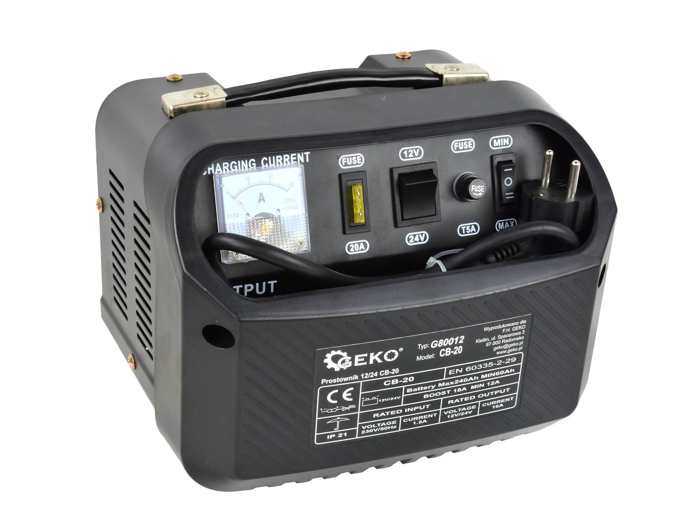 Зарядно за акумулатор Geko G80012, CB-20, 12/24V, 60-240 Ah, 12A-18A