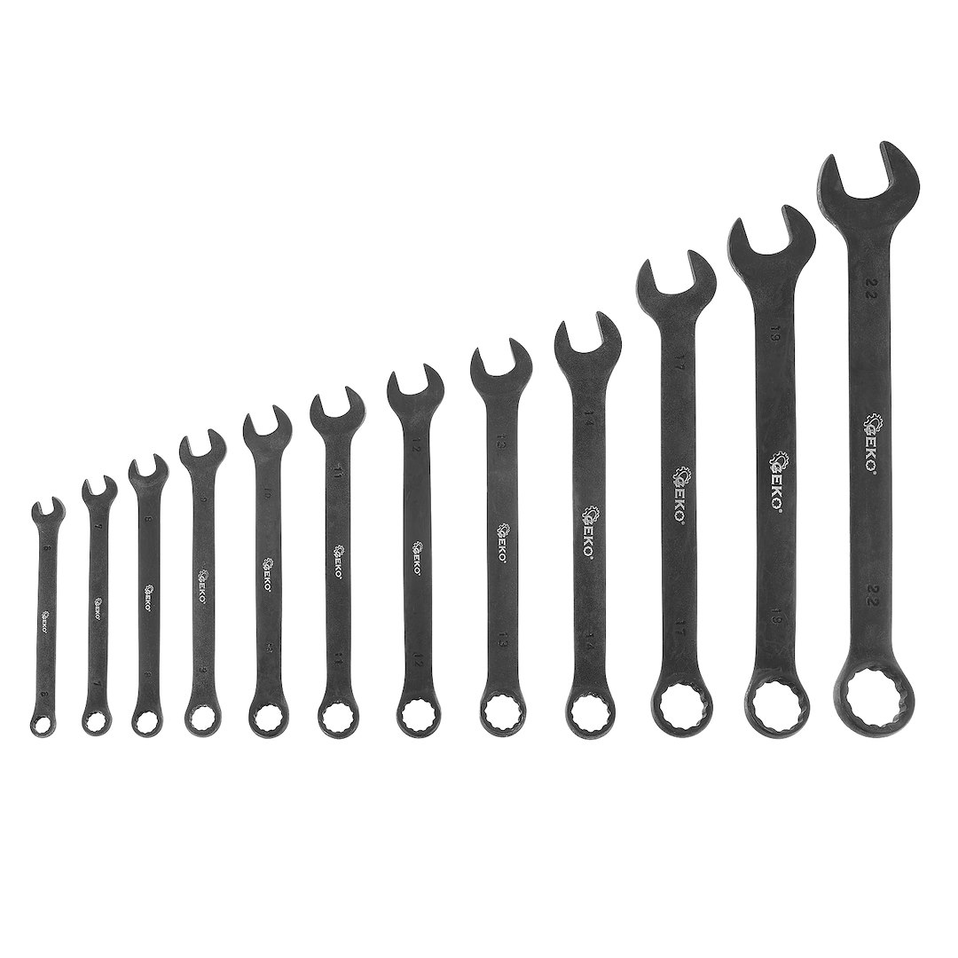 Комплект комбинирани ключове Geko G11260, 6-22 мм, 12 бр., CrV, черни - от Etools.bg Комплект комбинирани ключове Geko G11260, 6-22 мм, 12 бр., CrV, черни