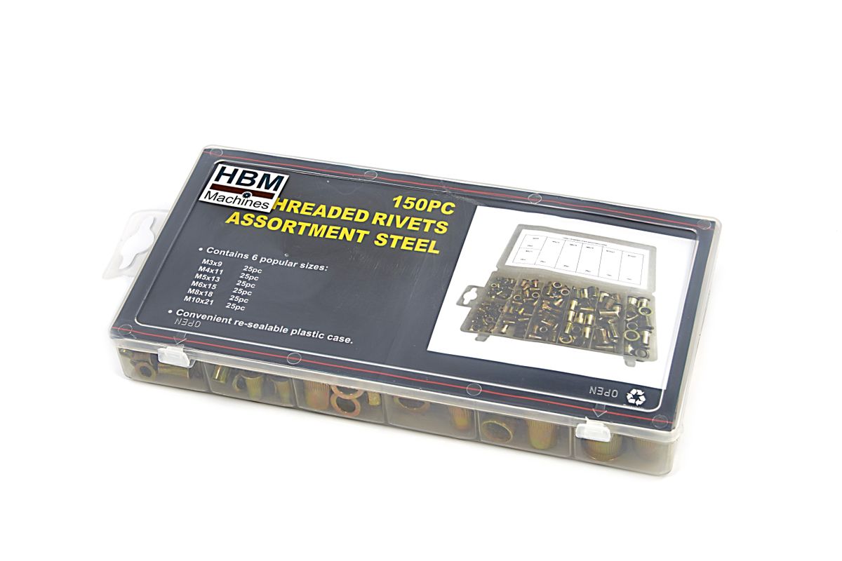 Комплект стоманени нит-гайки HBM 4098, 150 бр., M3-M10 - от Etools.bg Комплект стоманени нит-гайки HBM 4098, 150 бр., M3-M10