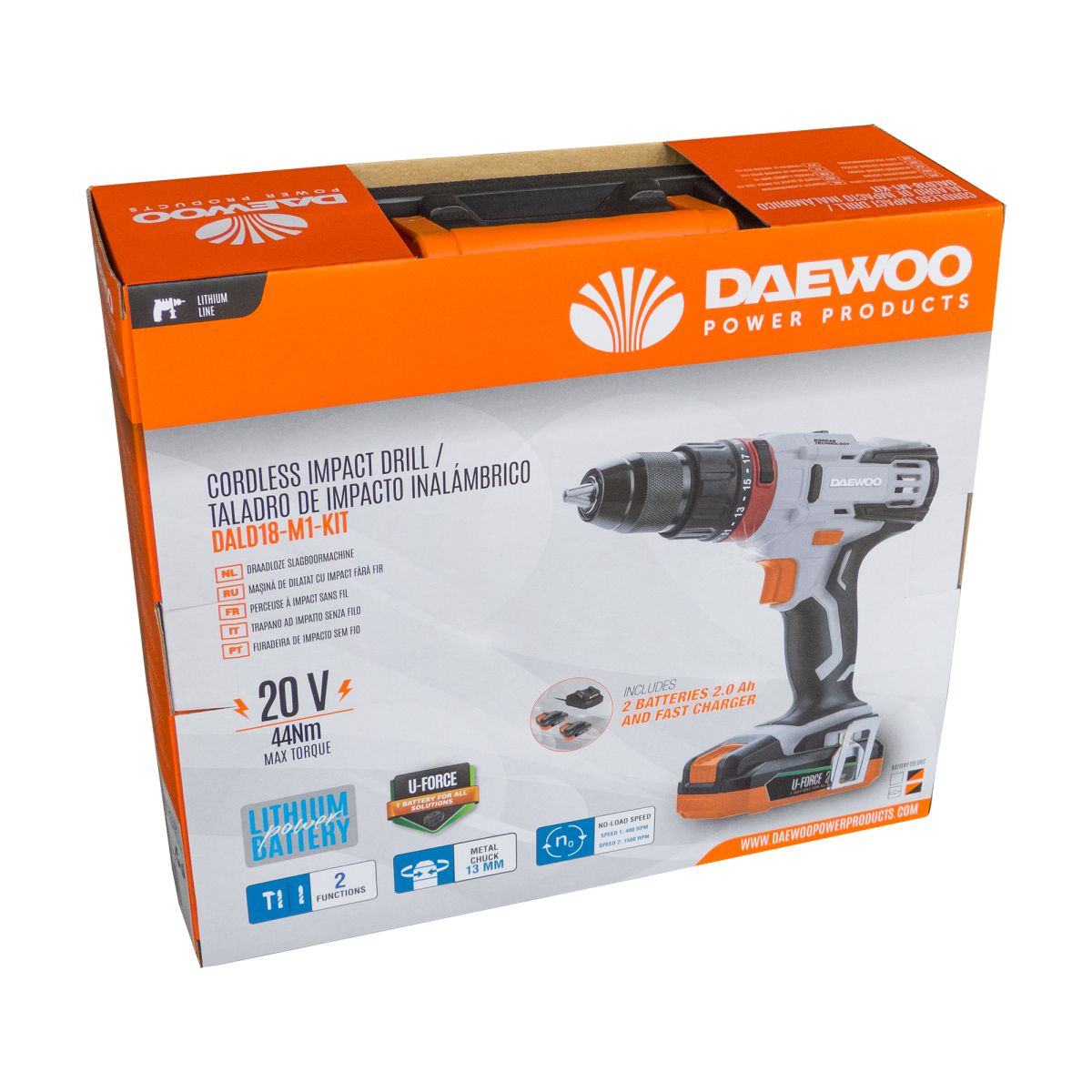 Акумулаторна ударна бормашина Daewoo, UNI-BAT, 20 V, 44 Nm, 2х2 Ah (DALD18-M1-KIT) - от Etools.bg Акумулаторна ударна бормашина Daewoo, UNI-BAT, 20 V, 44 Nm, 2х2 Ah (DALD18-M1-KIT)