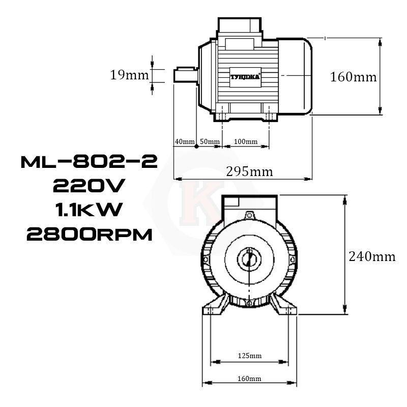 Електродвигател монофазен Тунджа ML802-2, 1100 W, 2800 об/мин (700327)