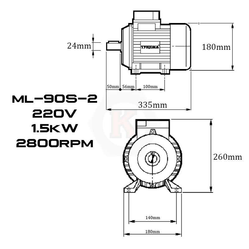 Електродвигател монофазен Тунджа ML90S-2, 1500 W, 2800 об/мин (700328)