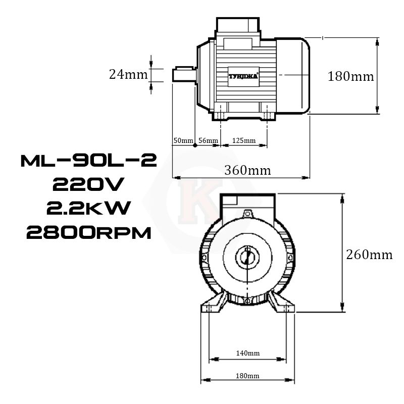 Електродвигател монофазен Тунджа ML90L-2, 2200 W, 2800 об/мин (700329)