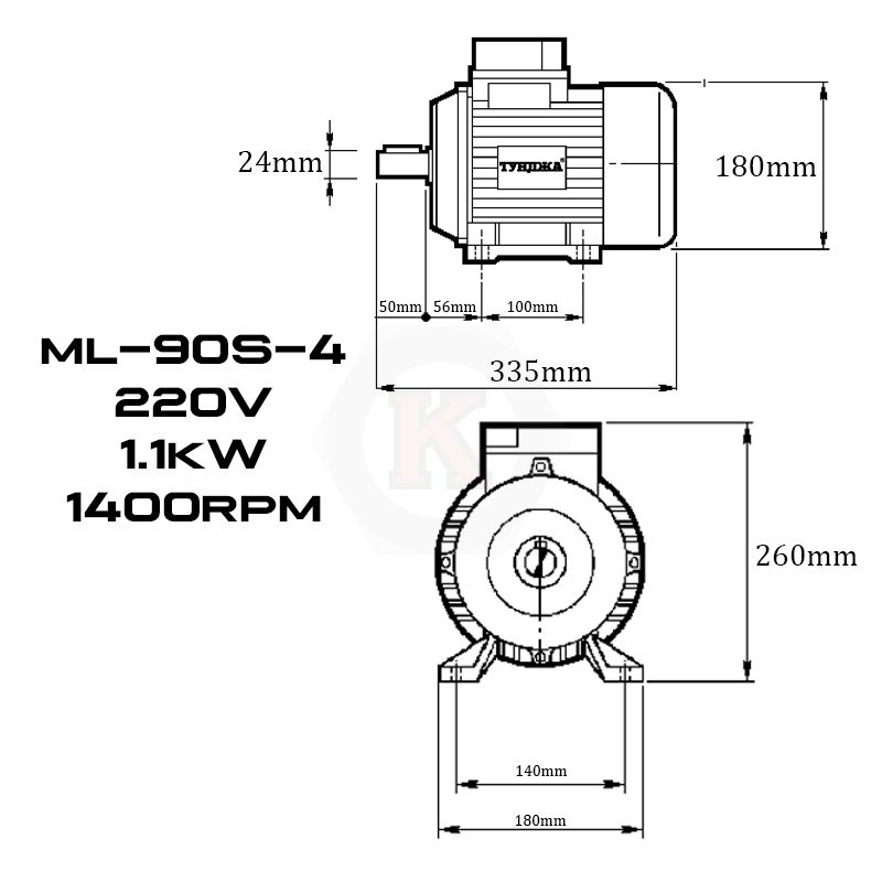 Електродвигател монофазен Тунджа ML90S-4, 1100 W, 1400 об/мин (700332)