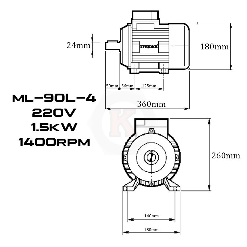 Електродвигател монофазен Тунджа ML90L-4, 1500 W, 1400 об/мин (700333)