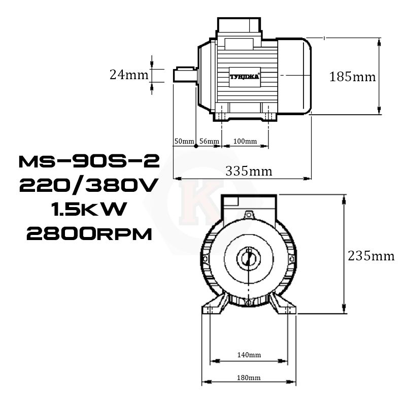 Електродвигател трифазен Тунджа MS90S-2, 1500 W, 2800 об/мин (700335)