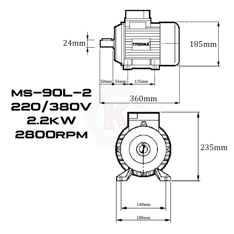 Електродвигател трифазен Тунджа MS90L-2, 2200 W, 2800 об/мин (700336)