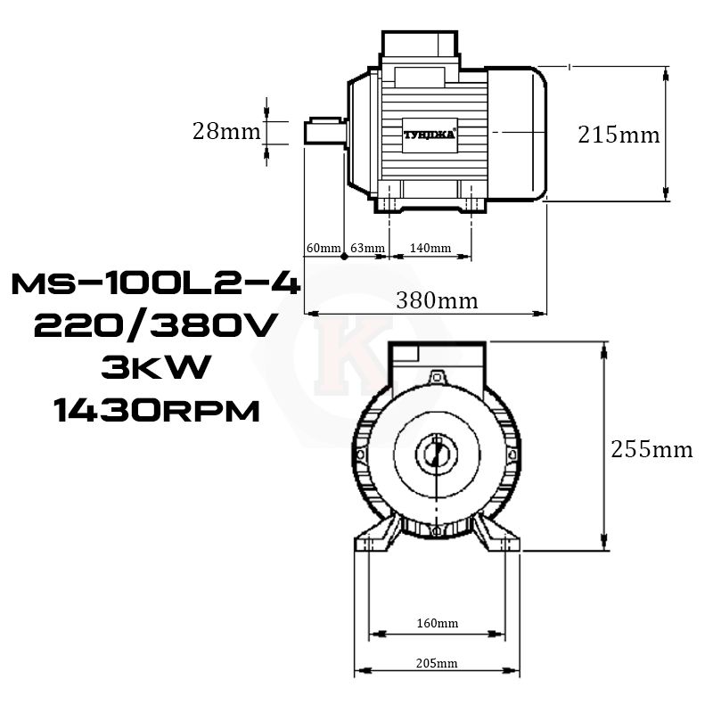 Електродвигател трифазен Тунджа MS100L2-4, 3000 W, 1430 об/мин (700341)