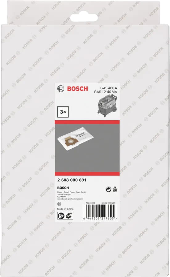 Филтърна торба, от кече за GAS 12-40 MA, GAS 400 A Bosch Professional, 3 бр. (2608000891)