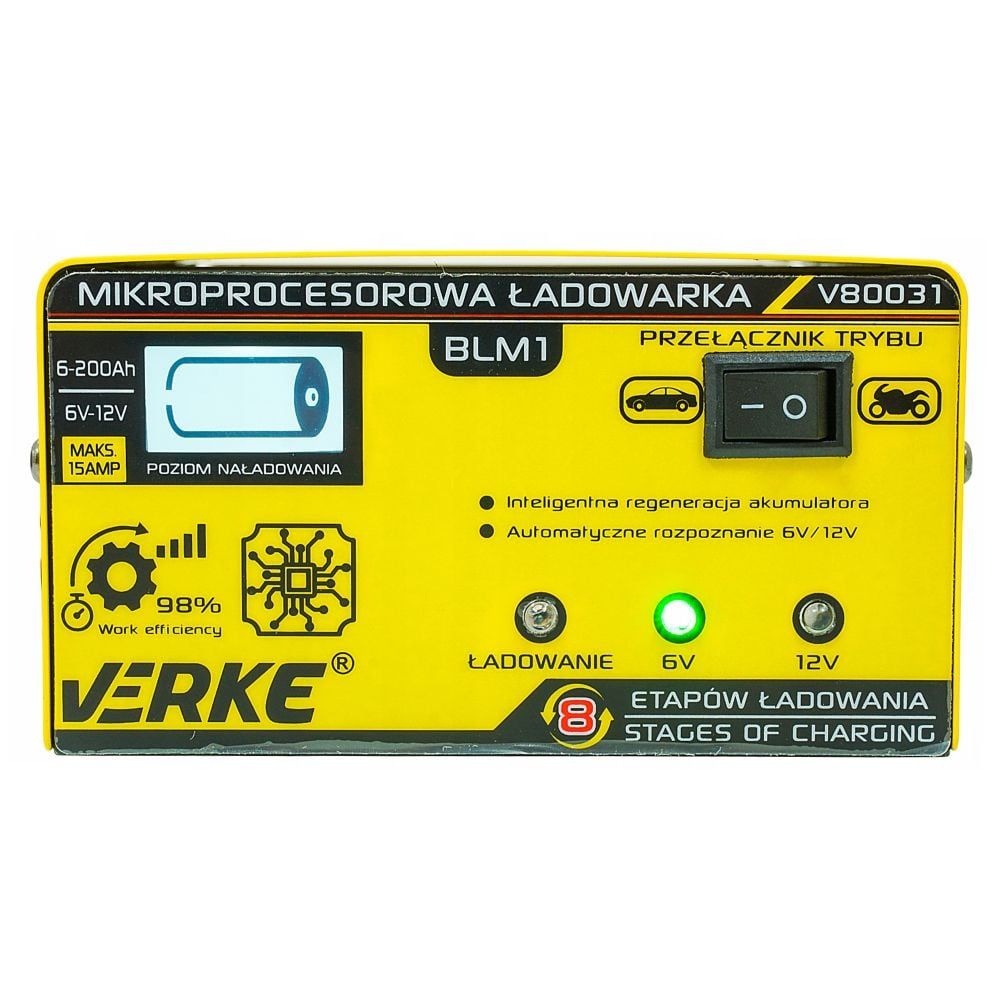 Зарядно за акумулатор с микропроцесор Verke V80031, 250 V, 6-12 V - от Etools.bg Зарядно за акумулатор с микропроцесор Verke V80031, 250 V, 6-12 V