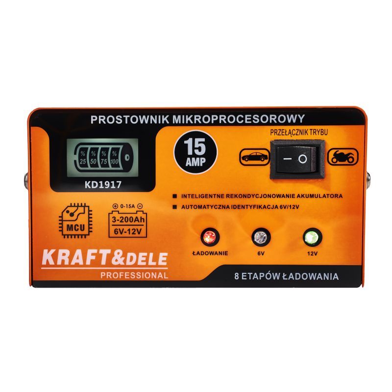 Зарядно за акумулатор с микропроцесор Kraft&Dele KD1917, 6/12 V, 15 А, 200 Ah