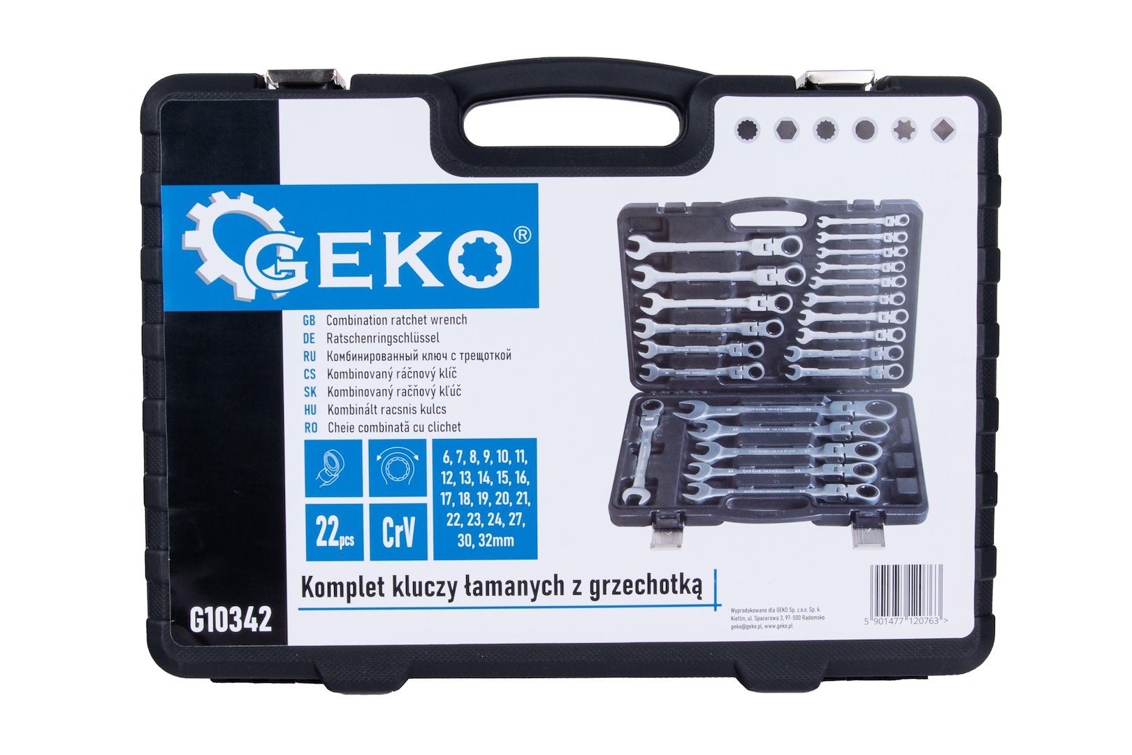 Комплект комбинирани гаечни ключове с тресчотка и чупеща глава Geko G10342, 6-32 мм, 22 бр.
