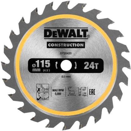 DEWALT EXTREME Циркулярен диск за рязане на дърво грубо с HM пластини ф115 мм 9.5 мм 1 мм 24 z
