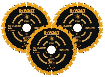 DEWALT EXTREME Комплект циркулярни дискове за рязане на дърво грубо с HM пластини 3 бр. ф190 мм 30 мм 1.65 мм 24 z
