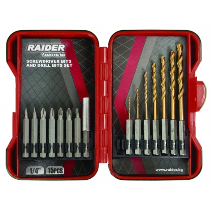 Комплект накрайници и свредла Raider, 1/4", 15 бр (157795)