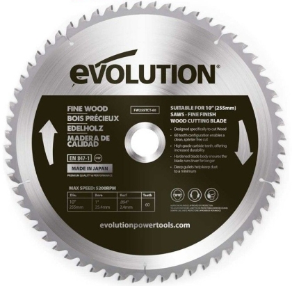 Фин диск за циркуляр - за дърво Evolution, ф255 мм, 60 зъба (FW255TCT-60)