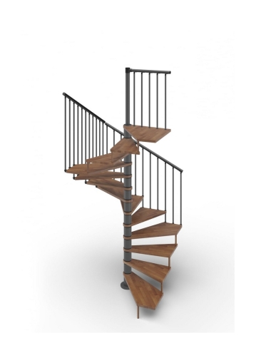 Интериорна стълба дървени части Walnut 25, метални модули Anthracite Gray, дървена ръкохватка Rintal Tekla, 13 стъпала, диаметър 136 см (7632)