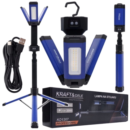 Акумулаторен LED прожектор със стойка Kraft&Dele KD1267, 2000 Lm, 4 Ah, 1.46 м
