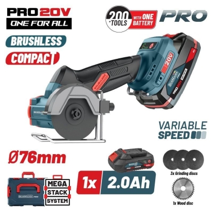 Акумулаторен мини безчетков ъглошлайф Bormann Pro BBP5418X2CA, 20 V, 2 Ah, 76 мм (085027)