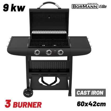 Газово градинско барбекю Bormann Elite BBQ6030 FORGE, 9000 W, 3 горелки и чугунена решетка (084167)