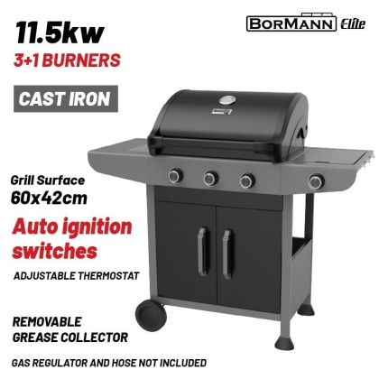 Газово градинско барбекю Bormann Elite BBQ6031 FORGE, 11500 W, 3+1 горелки и чугунена решетка (084174)