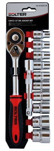 Тресчотка с вложки BOLTER и удължител к-кт 1/2”, 12 части CR.V., хром ванадий