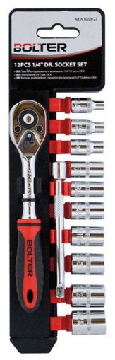 Тресчотка с вложки BOLTER и удължител к-кт 1/4”, 12 части CR.V., хром ванадий