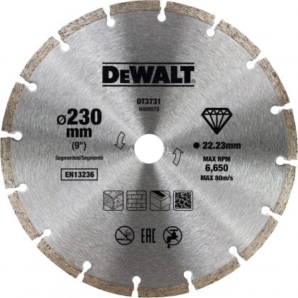 Диамантен диск за зидария, сухо рязане на тухли и керемиди DEWALT DT3731, ф230х22.2х2.3 мм