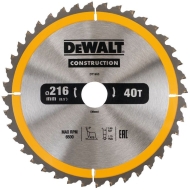 DEWALT CONSTRUCTION Циркулярен диск за рязане на дърво фино напречно и надлъжно с HM пластини ф216 мм 30 мм 2.6 мм 40 z