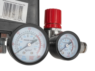 Пресостат за компресор с бързи връзки и манометри Geko G80318, 230 V, 12 бара
