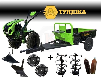 Бензинов мотоблок Тунджа 9000КЕ, 9 к.с., с гуми 5х12, с е л. старт, инвентар и ремарке до 500 кг. (00610050)