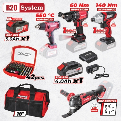Комплект акумулаторни инструменти Raider RDP-BXS6, 20 V, 4-5 Ah (030325)