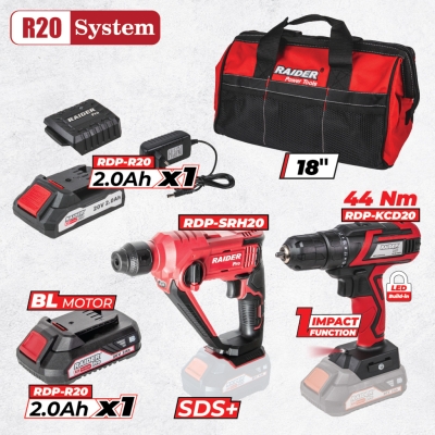 Комплект акумулаторни инструменти Raider RDP-BXS9, 20 V, 2x2 Ah (030328)