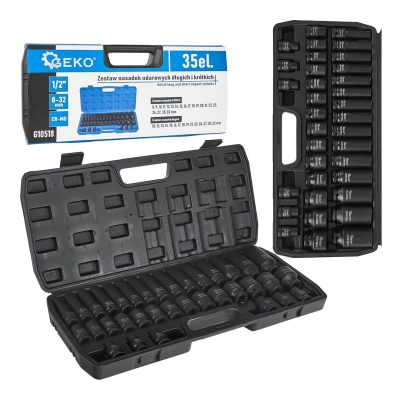 Комплект ударни вложки дълги и къси Geko G10518, 1/2", 8-32 мм, 35 бр.