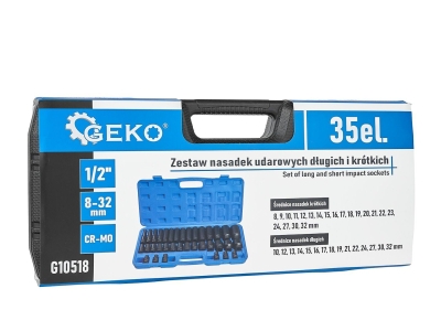 Комплект ударни вложки дълги и къси Geko G10518, 1/2", 8-32 мм, 35 бр.